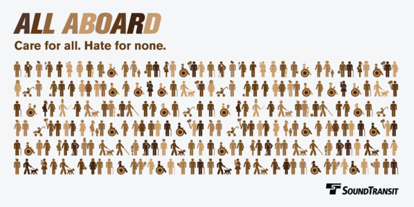 Graphic that reads "All Aboard Care for all. Hate for none" in left corner. Icons of potential passengers.