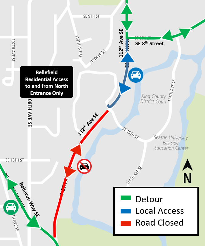Construction map for 112th Avenue Southeast closure, South Bellevue Station