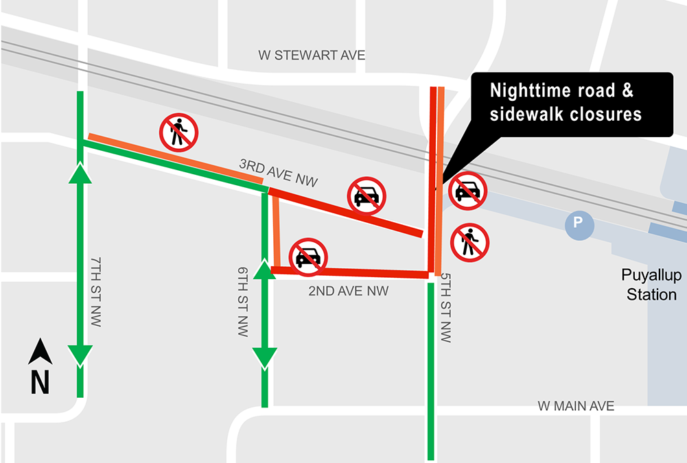 Map of road closure of 5th Street Northwest between 2nd Avenue Northwest and West Stewart Avenue.