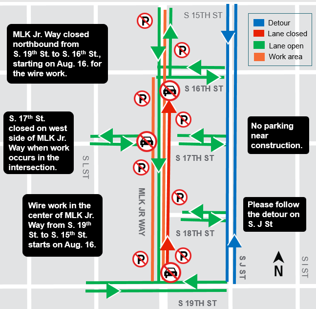 Map of traffic impacts for curb and gutter work.