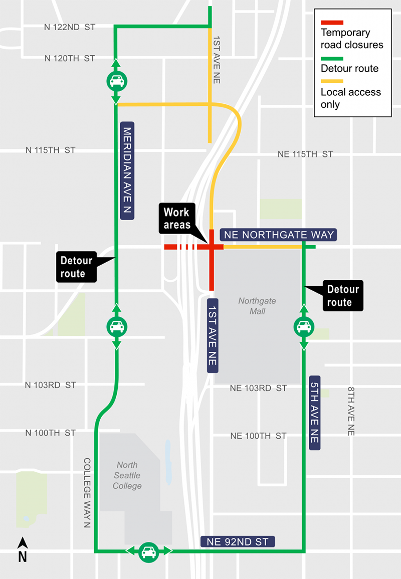 Map of 1st Avenue Northeast and Northgate Way on-ramp closure.