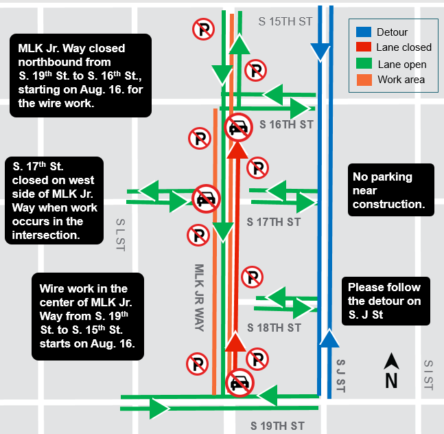 Map of construction impacts on Martin Luther King Jr. Way.