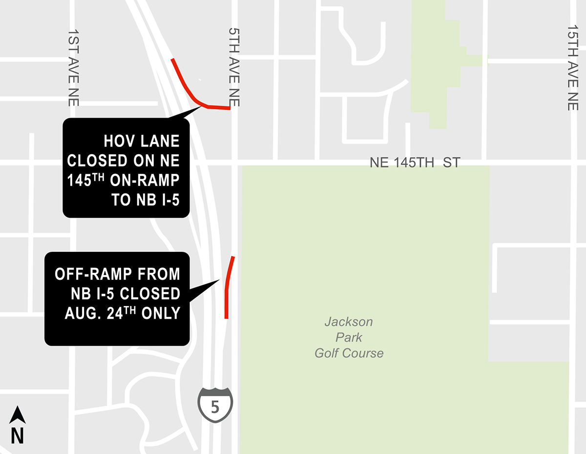 Construction map for Northeast 145th on-ramp and off-ramp closures, Shoreline South, Lynnwood Link Extension