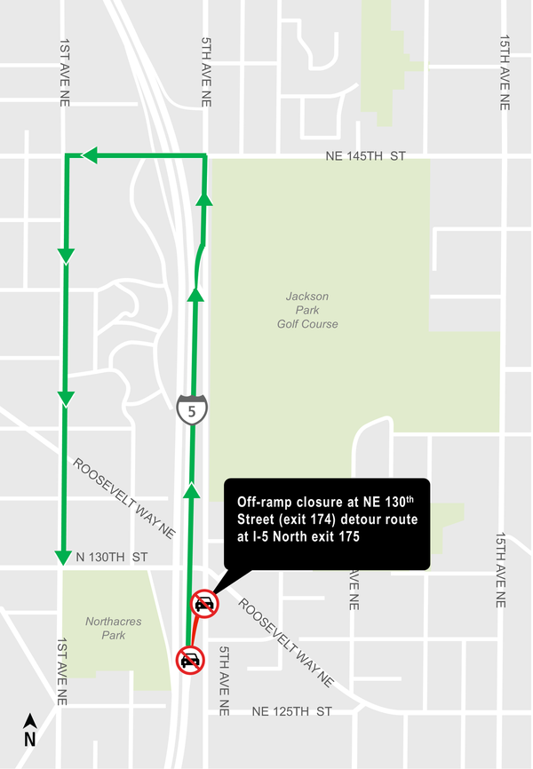 Map of night closure at Northeast 130th off-ramp from northbound Interstate 5.