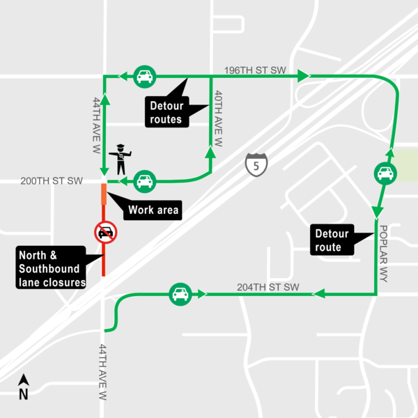 Map of lane closures and detours along 44th Avenue West in Lynnwood.