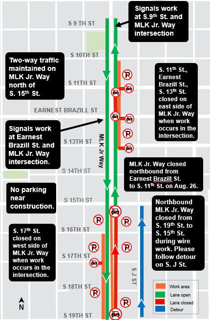Map of construction impacts along Marting Luther King Jr. Way between South 9th Street and South 19th Street.