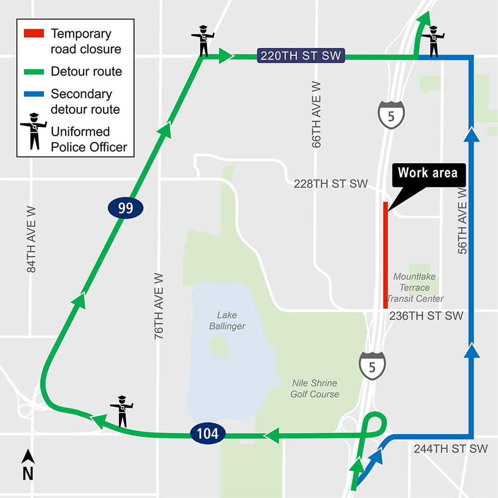 Construction map for northbound lanes of I-5 from State Road 104 to 220th Street South West, Mountlake Terrace Station, Lynnwood Link Extension