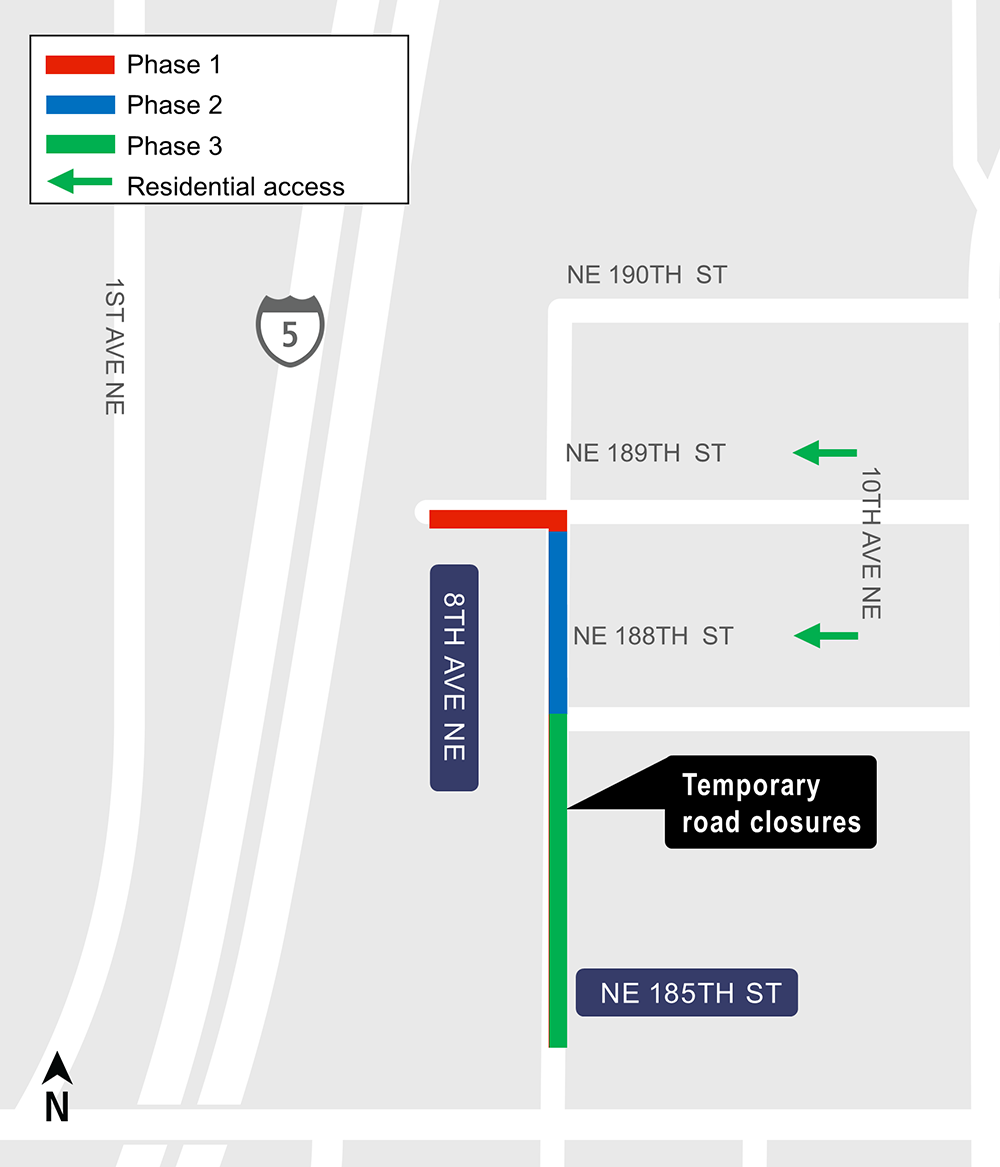 Construction map for Northeast 189th Street work, Shoreline North/185th Station, Lynnwood Link Extension