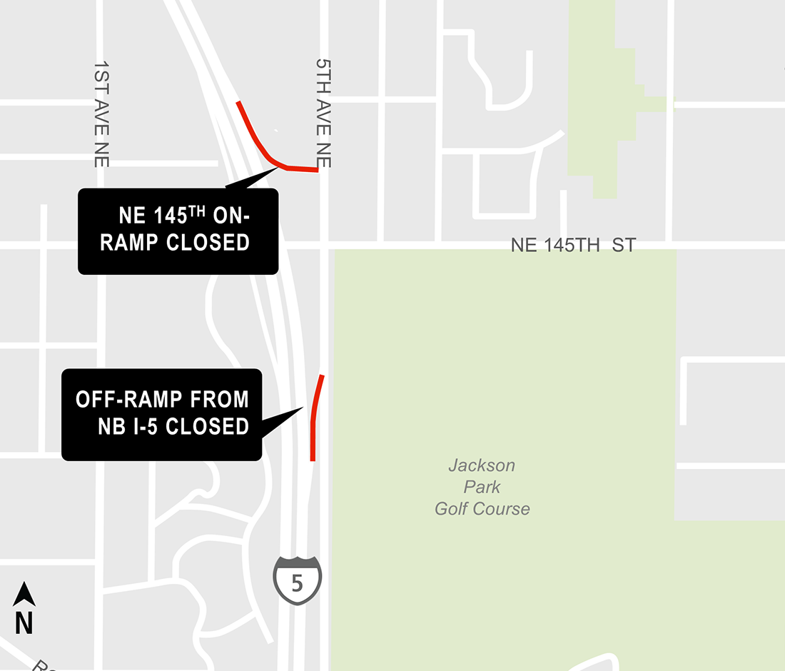 Construction map for NE 145th On-ramp and off-ramp closure, Shoreline South, Lynnwood Link Extension