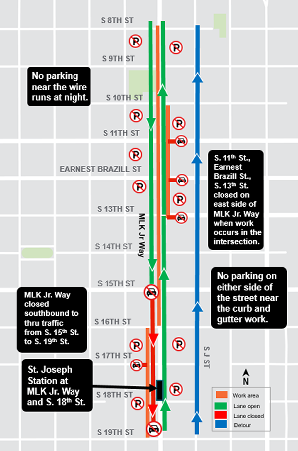 Construction map for wire install on Martin Luther King Jr from South 16th Street to South 8th Street