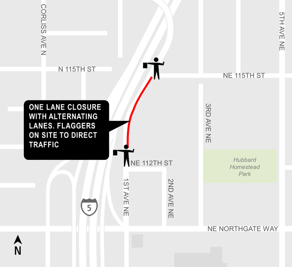 Construction map for single lane closure at NE 113th to NE 115th St, Lynnwood Link Extension