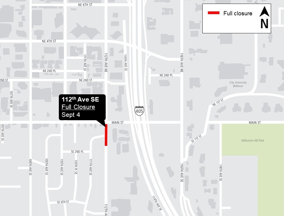 Construction map for weekend work on 112th Avenue Southeast, Central Bellevue Station, East Link Extension