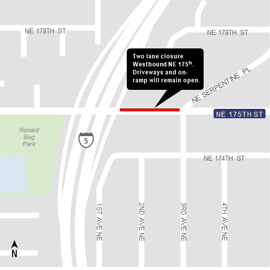 Construction map for NE 175th Street closure, Shoreline North/ 185th Station, Lynnwood Link Extension