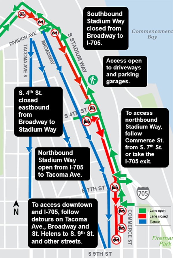 Construction map for Stadium Way work, Hilltop Tacoma Link Extension