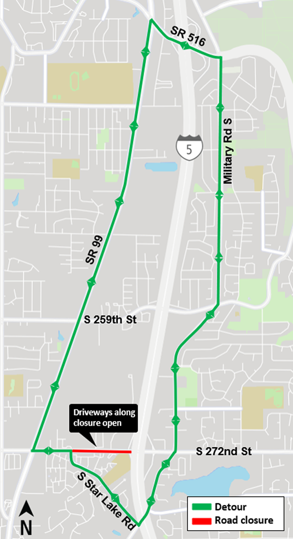 Construction map for Overnight full closure of South 272nd St, Federal Way Link Extension