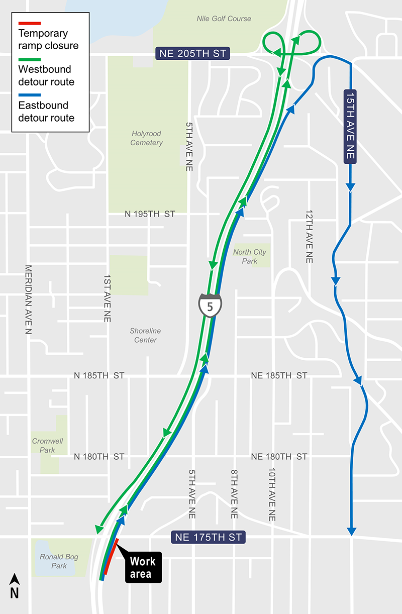 Construction map of NE 15th Street detour for NE 175th Street closure, Lynnwood Link Extension