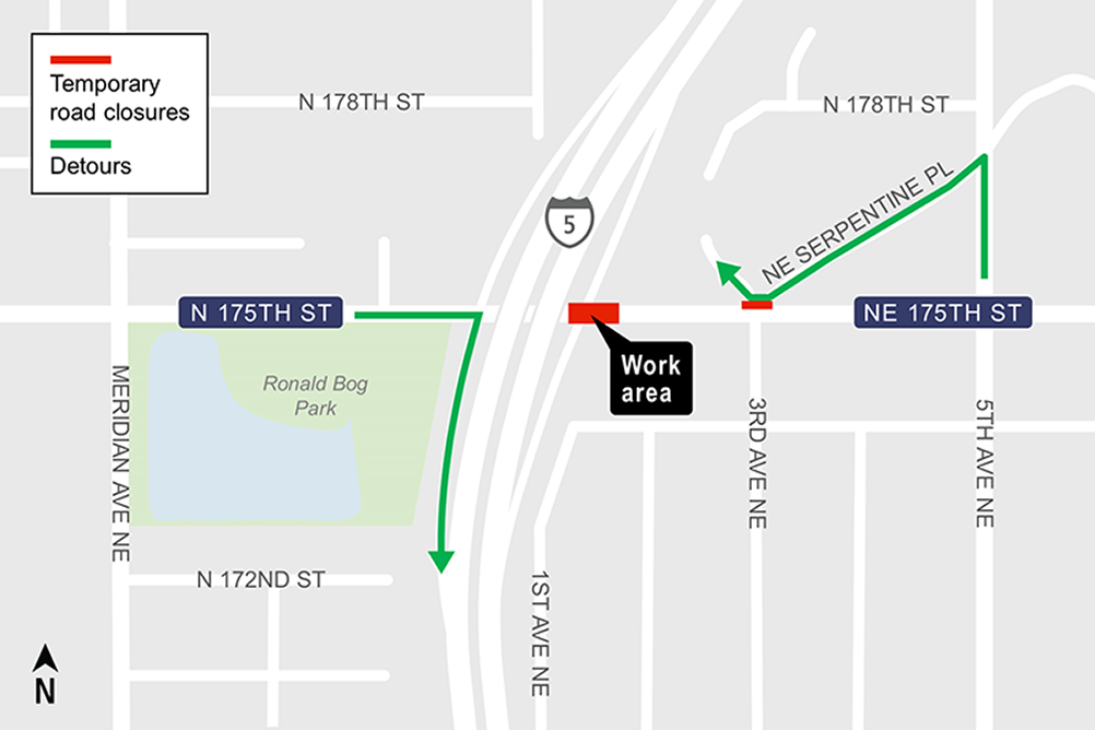 Construction map for NE 175th Street full closure, Lynnwood Link Extension