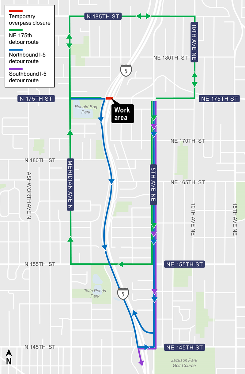 Construction map of 5th Ave NE detour for NE 175th street closure, Lynnwood Link Extension