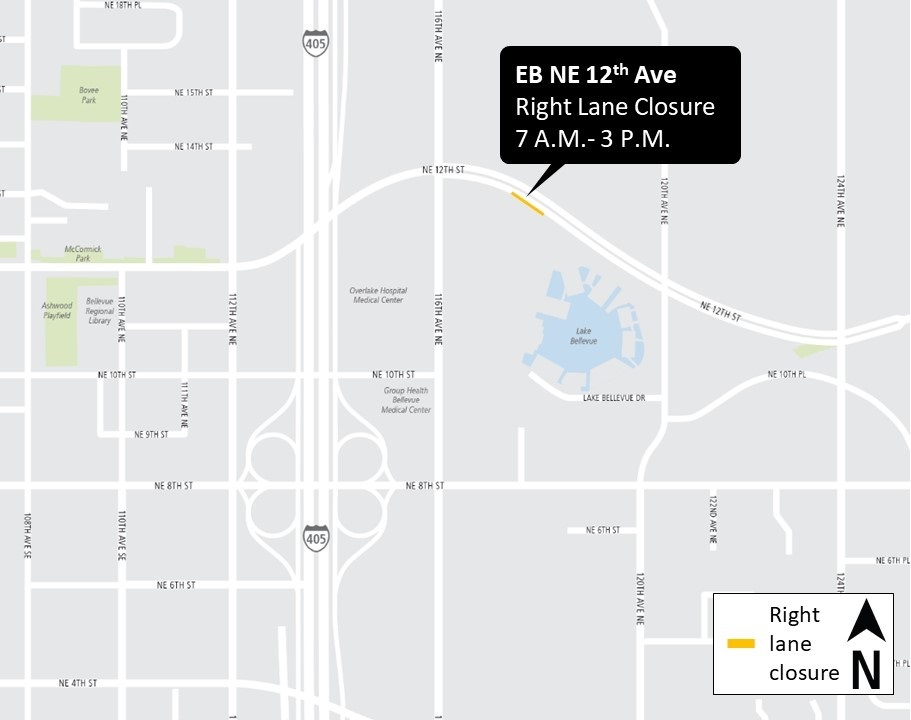 Construction map for NE 12th Street Right Lane closure, Central Bellevue Station, East Link Extension