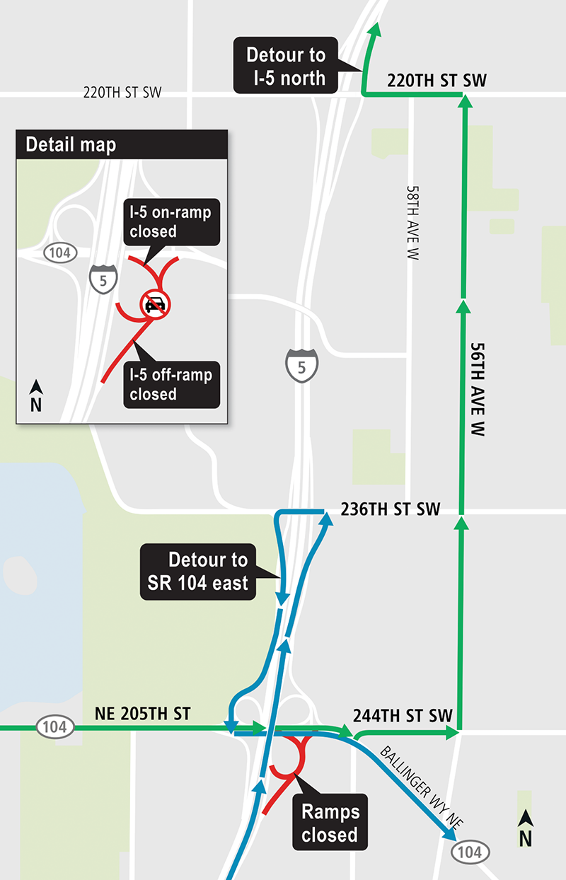 Construction map for State Road 104 closure, Lynnwood Link Extension