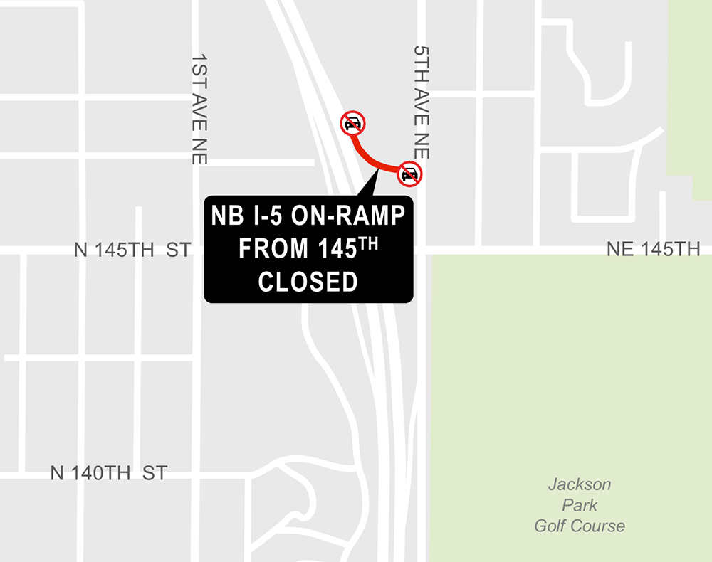 Construction map for Northeast 145th On-ramp from Interstate 5 closure, Shoreline South/148th Station, Lynnwood Link Extension