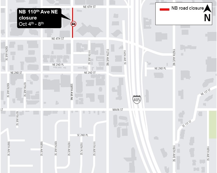 Construction map for Northbound 110th Avenue NE closure, Central Bellevue Station, East Link Extension