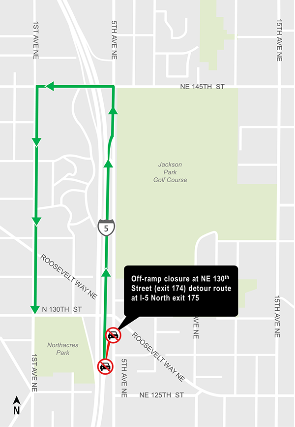 Map of off-ramp closure at Northeast 130th Street (exit 174) detour route at Interstate 5 North exit 175.