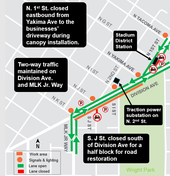 Construction map for Division Avenue at North 1st Street closure, Hilltop Tacoma Link Extension