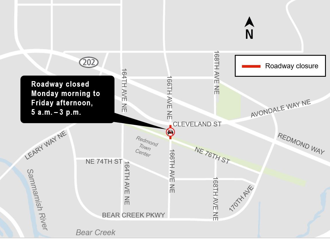 Construction map for 166th Avenue Northeast Roadway closure, Downtown Redmond Link Extension