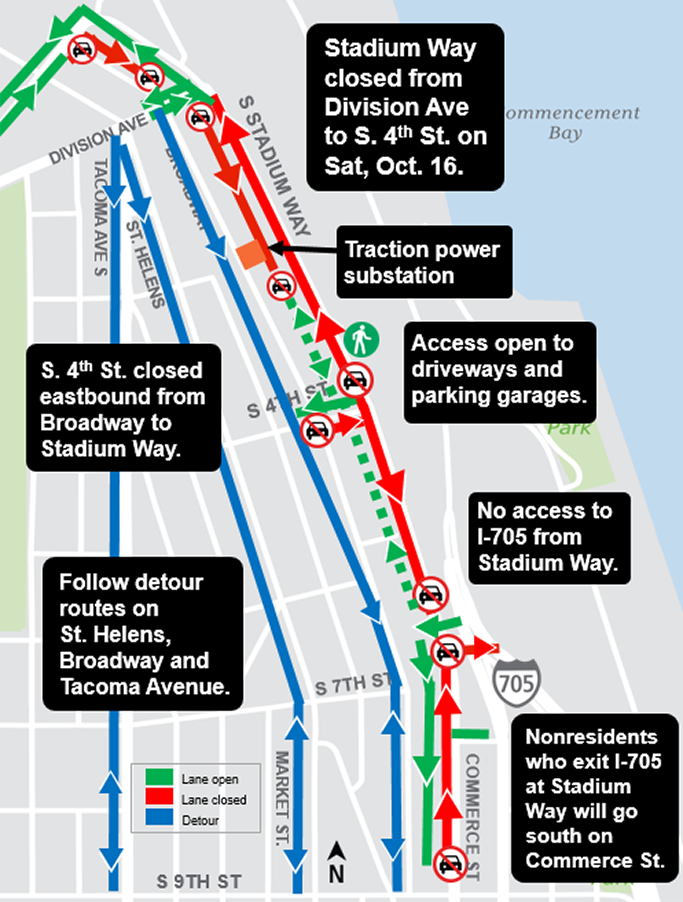 Construction map of Stadium way work, Hilltop Tacoma Link Extension