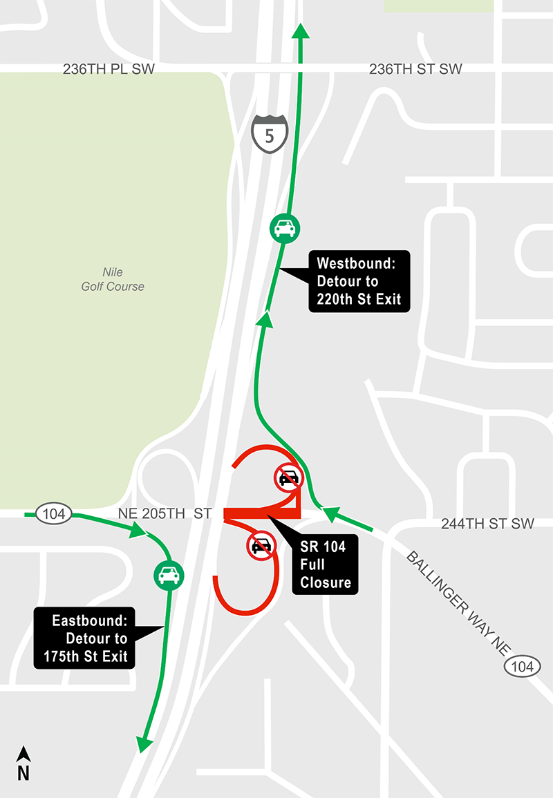 Construction map for State Road 104 Full closure, Lynnwood Link Extension