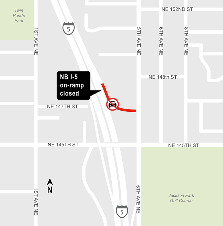 Construction map for Northeast 145th on-ramp closure, Lynnwood Link Extension