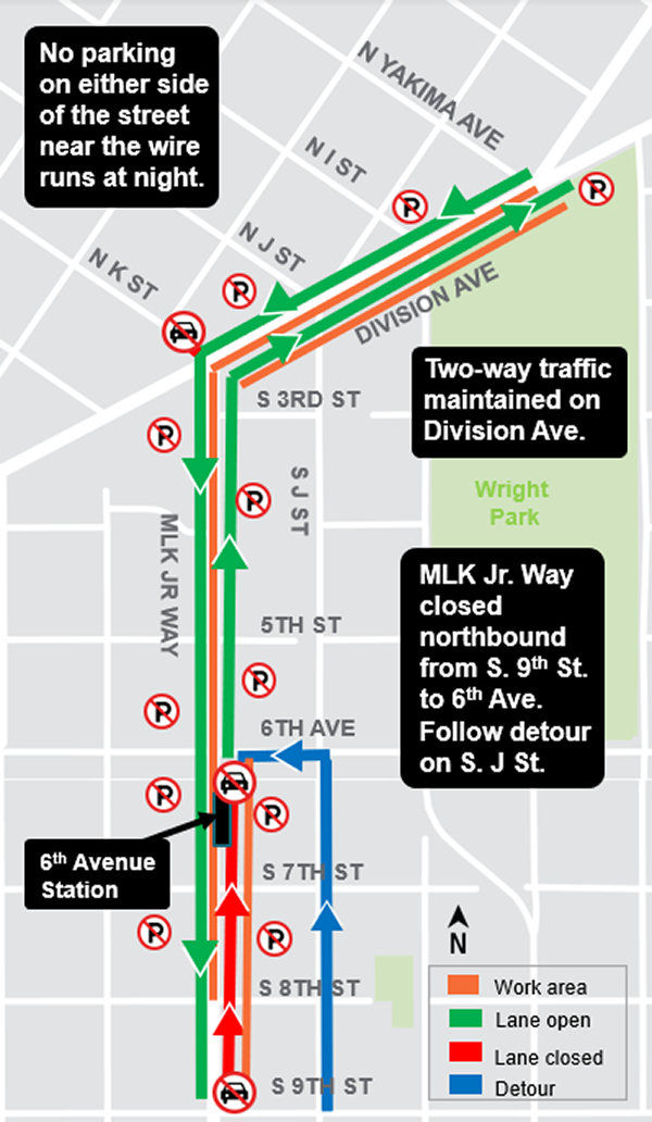 Construction map for Martin Luther King Jr Way from South 9th Street to South 6th street and Division Avenue work, Hilltop Tacoma Link Extension