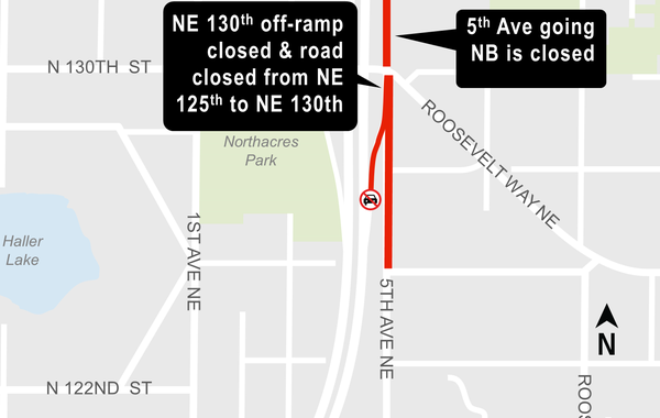 Map of night time closure at Northeast 130th off-ramp from northbound Interstate 5.