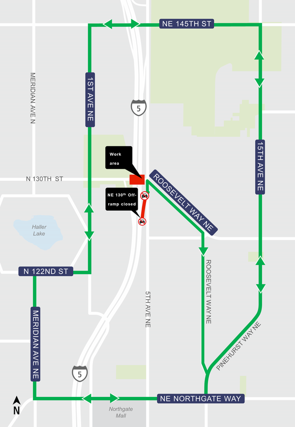 Map of night time road closure on 5th Avenue Northeast and Northeast 130th Street overpass and off-ramp.
