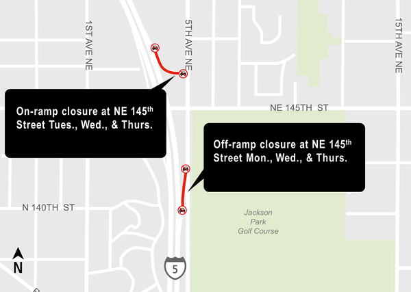 Construction map for Northeast 145th Street on-ramp and off-ramp closure, Lynnwood Link Extension