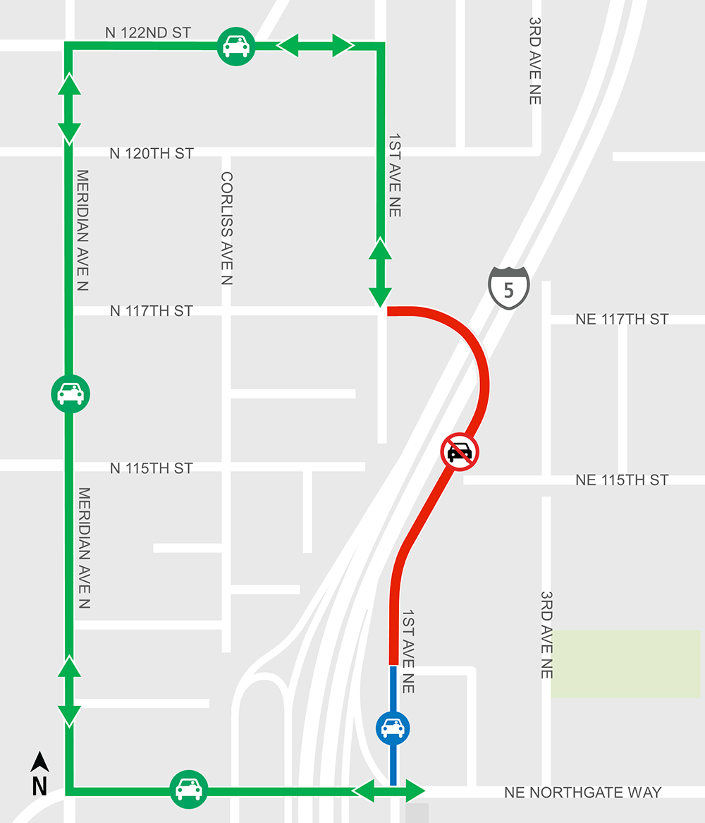 Construction map for 1st Ave Closure from 112th to 117th, Lynnwood Link Extension