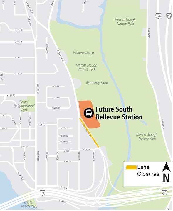 Map of overnight lane closures on Bellevue Way Southeast.