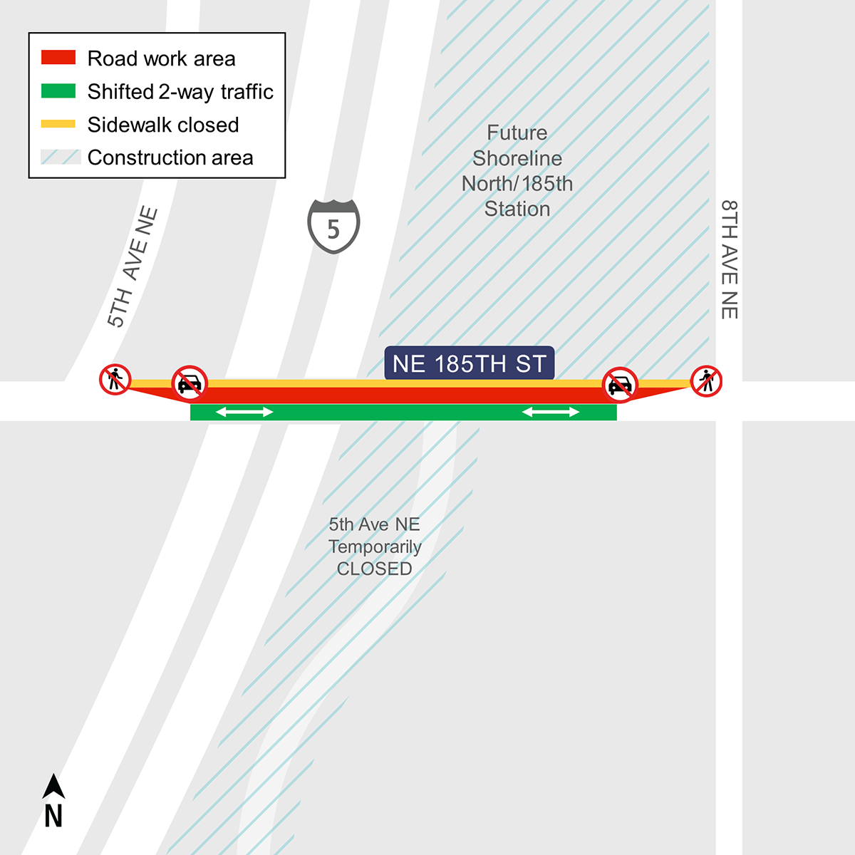 Construction map for Northeast 185th Street overcrossing work, Shoreline North/185th Station, Lynnwood Link Extension