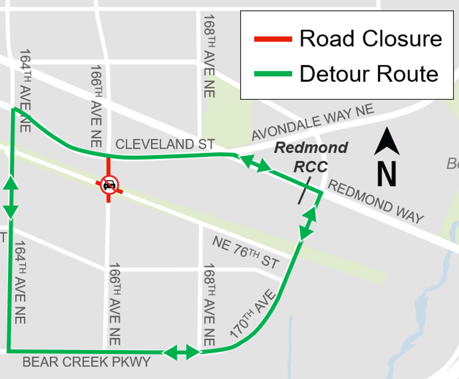 Construction map for downtown Redmond detour, Downtown Redmond Link Extension