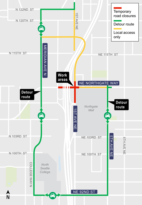 Map of night closures and detours at 1st Avenue Northeast Northgate Way and northbound Interstate 5 Northgate Way on-ramp.