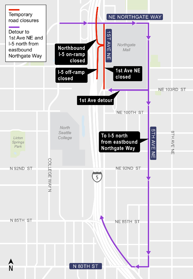 Construction map for Northeast 103rd Street closure, Lynnwood Link Extension