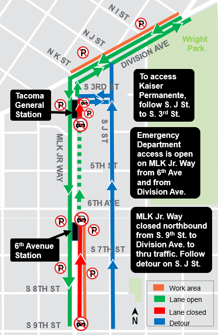 Map of traffic impacts and detours for light rail construction in Tacoma.