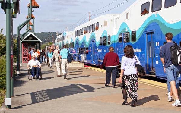Photo of riders exiting the train, Sumner Station parking and access improvements