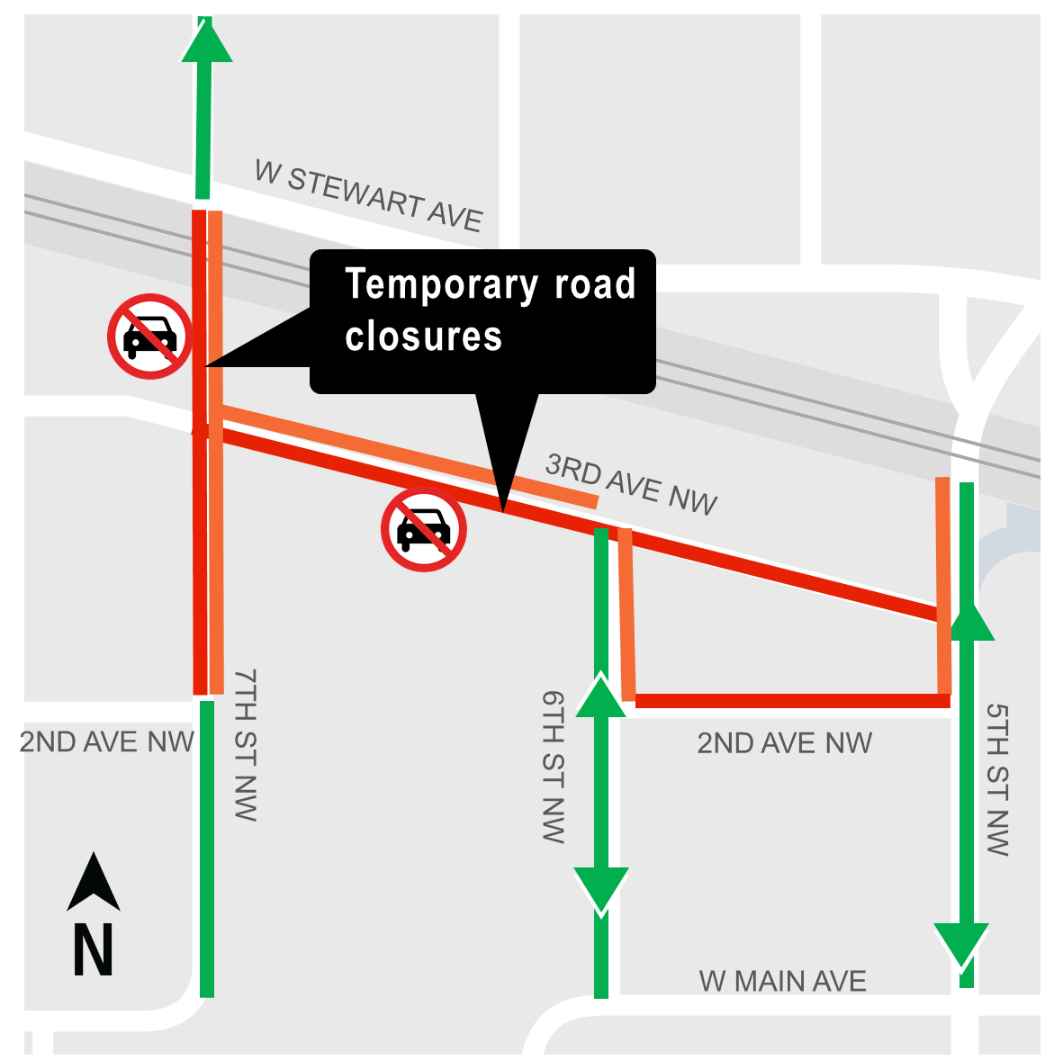 Construction map for 7th Ave NW and 3rd Ave NW December 2021 Closures, Puyallup Station Parking and Access Improvements