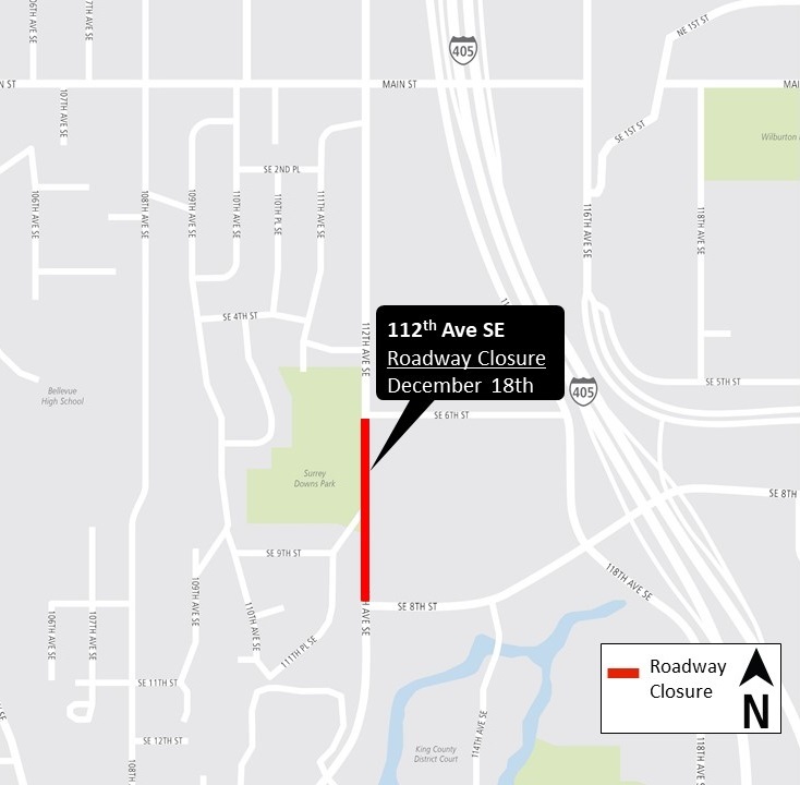 Construction map for 112th Avenue Southeast Closures, South Bellevue Station, East Link Extension