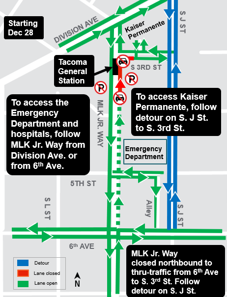 Map of road openings on Martin Luther King Jr. Way, effective December 23
