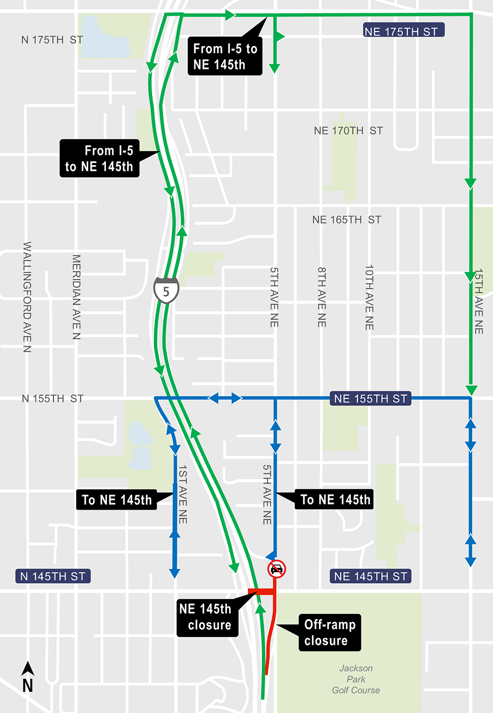 Construction map for NE 145th Extended full closure, Lynnwood Link Extension
