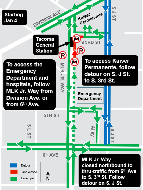 Map of construction work and impacts on Martin Luther King street from 6th to Division.
