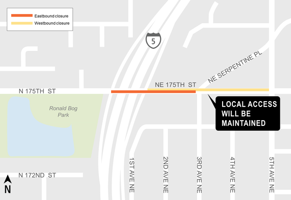 Construction map for Northeast 175th Eastbound and westbound closure, Shoreline North/185th Station, Lynnwood Link Extension